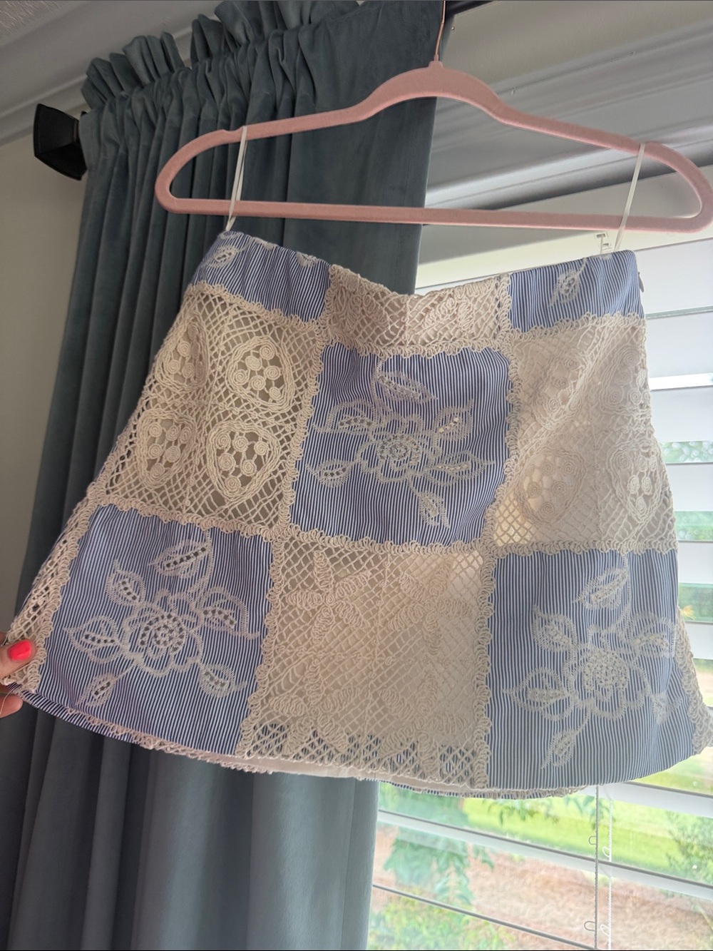 Lace Patchwork Mini Skirt - Blue & Cream